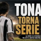 Tonali torna in Serie A in una grafica sportiva dedicata al calciomercato 2026. Il centrocampista italiano è raffigurato di spalle con il numero 8 mentre osserva il campo sotto i riflettori di uno stadio gremito. In evidenza il titolo "Tonali torna in Serie A?" e il sottotitolo che richiama l'interesse di Manchester City, Manchester United e dei club italiani.