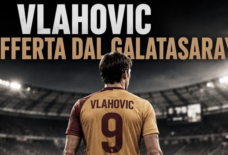 Vlahovic offerta dal Galatasaray in una grafica dedicata al calciomercato 2026. L'attaccante serbo è raffigurato di spalle con una maglia dai colori rosso e giallo che richiama il club turco, mentre osserva uno stadio illuminato. In evidenza il titolo "Vlahovic offerta dal Galatasaray", che richiama le indiscrezioni sul possibile trasferimento dell'attaccante della Juventus verso il campionato turco.