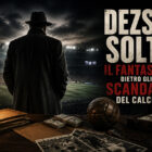Dezso Solti raffigurato di spalle in uno stadio avvolto dall'oscurità, con atmosfera noir tra denaro, documenti e simboli del calcio, a rappresentare i misteri e gli scandali che hanno segnato la sua storia.