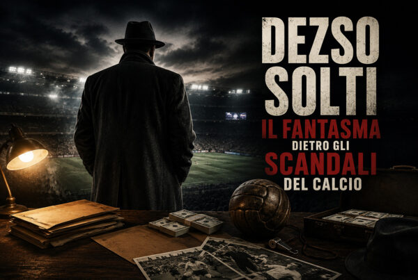 Dezso Solti raffigurato di spalle in uno stadio avvolto dall'oscurità, con atmosfera noir tra denaro, documenti e simboli del calcio, a rappresentare i misteri e gli scandali che hanno segnato la sua storia.
