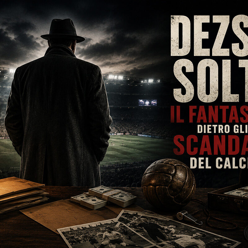 Dezso Solti raffigurato di spalle in uno stadio avvolto dall'oscurità, con atmosfera noir tra denaro, documenti e simboli del calcio, a rappresentare i misteri e gli scandali che hanno segnato la sua storia.