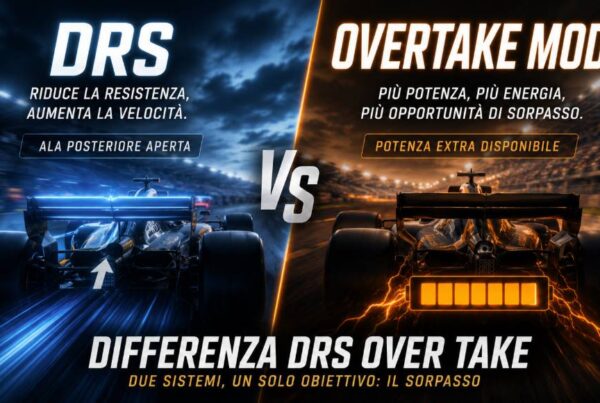 Differenza DRS Over Take: grafica comparativa che mostra due monoposto di Formula 1 viste da dietro, una dedicata al sistema DRS e l'altra al nuovo Overtake Mode, con effetti grafici blu e arancioni che evidenziano le diverse modalità di sorpasso. I loghi delle squadre sono completamente sfocati per mantenere uno stile editoriale neutrale.