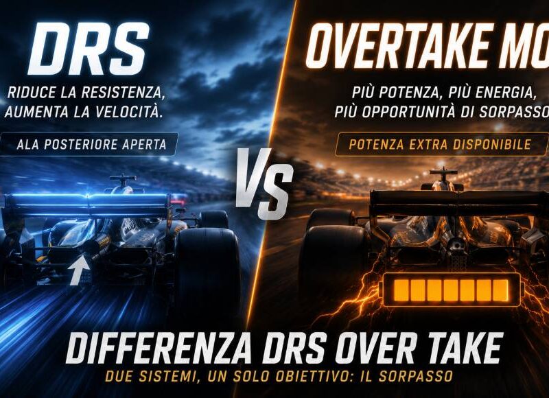 Differenza DRS Over Take: grafica comparativa che mostra due monoposto di Formula 1 viste da dietro, una dedicata al sistema DRS e l'altra al nuovo Overtake Mode, con effetti grafici blu e arancioni che evidenziano le diverse modalità di sorpasso. I loghi delle squadre sono completamente sfocati per mantenere uno stile editoriale neutrale.