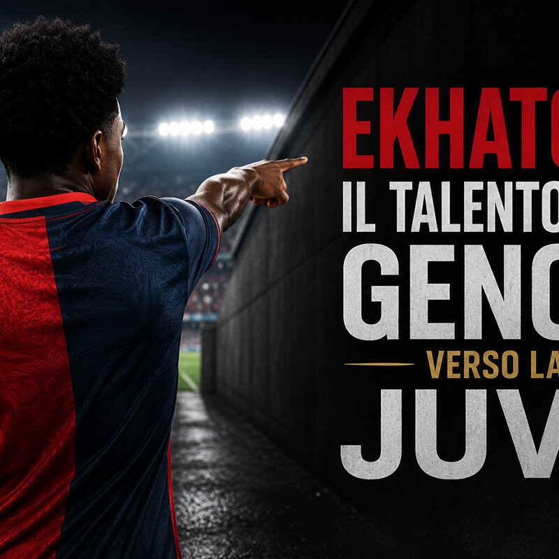 Ekhator di spalle con la maglia rossoblù del Genoa mentre osserva il campo, immagine dedicata al suo possibile trasferimento verso la Juventus.