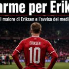 Calciatore danese di spalle in campo con la scritta “Allarme per Eriksen” e sottotitolo sul malore di Eriksen e l’avviso dei medici.