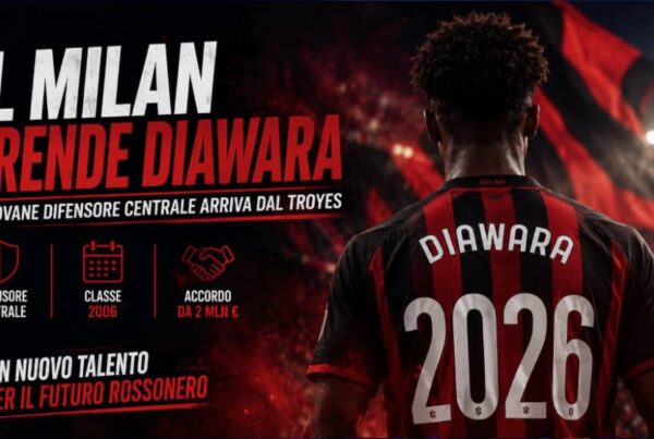 Il Milan prende Diawara: immagine editoriale con il giovane difensore di spalle mentre osserva uno stadio illuminato. Sullo sfondo dominano i colori rossoneri e il titolo della notizia annuncia l'arrivo del centrale francese dal Troyes.