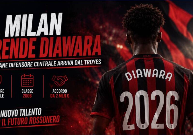 Il Milan prende Diawara: immagine editoriale con il giovane difensore di spalle mentre osserva uno stadio illuminato. Sullo sfondo dominano i colori rossoneri e il titolo della notizia annuncia l'arrivo del centrale francese dal Troyes.