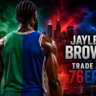 Jaylen Brown di spalle con maglia divisa a metà colore in un'illustrazione iperrealistica dedicata alla trade ai 76ers che cambia gli equilibri della NBA.