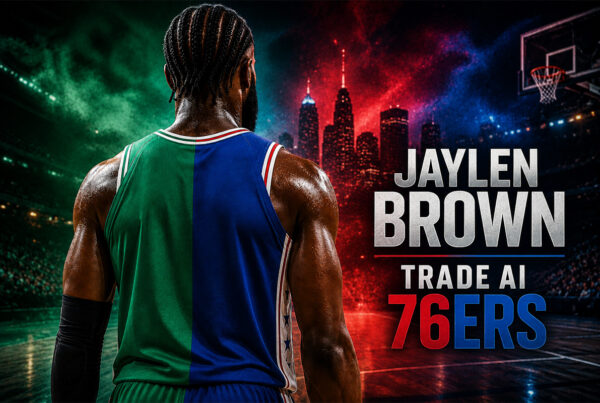 Jaylen Brown di spalle con maglia divisa a metà colore in un'illustrazione iperrealistica dedicata alla trade ai 76ers che cambia gli equilibri della NBA.
