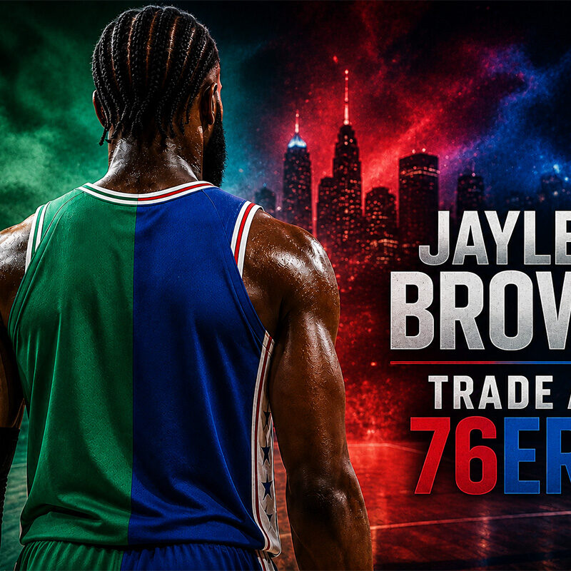 Jaylen Brown di spalle con maglia divisa a metà colore in un'illustrazione iperrealistica dedicata alla trade ai 76ers che cambia gli equilibri della NBA.