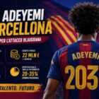 Karim Adeyemi al Barcellona: immagine editoriale con il calciatore di spalle mentre indossa una maglia ispirata ai colori blaugrana all'interno di uno stadio illuminato. La grafica evidenzia il trasferimento al Barcellona, il contratto fino al 2031 e i principali dettagli dell'operazione di mercato.