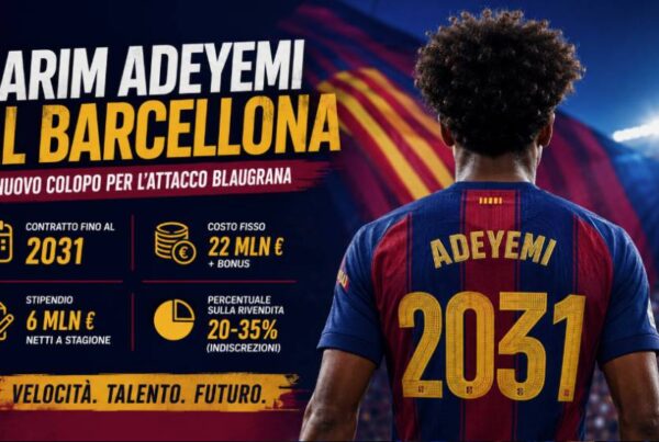 Karim Adeyemi al Barcellona: immagine editoriale con il calciatore di spalle mentre indossa una maglia ispirata ai colori blaugrana all'interno di uno stadio illuminato. La grafica evidenzia il trasferimento al Barcellona, il contratto fino al 2031 e i principali dettagli dell'operazione di mercato.