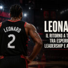 Leonard di spalle sul parquet dei Toronto Raptors durante una partita NBA, immagine sportiva iperrealistica dedicata al ritorno della stella canadese.