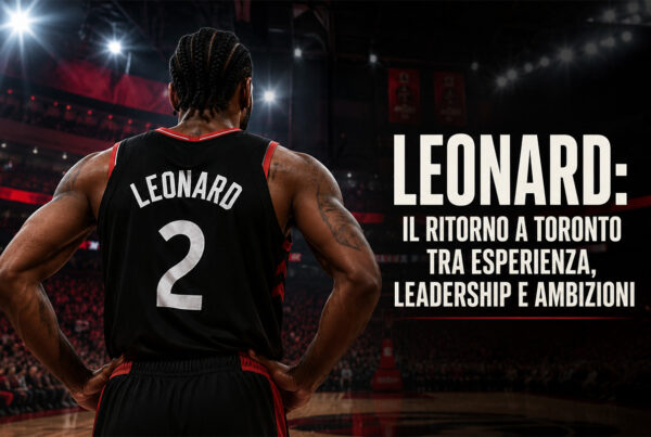 Leonard di spalle sul parquet dei Toronto Raptors durante una partita NBA, immagine sportiva iperrealistica dedicata al ritorno della stella canadese.