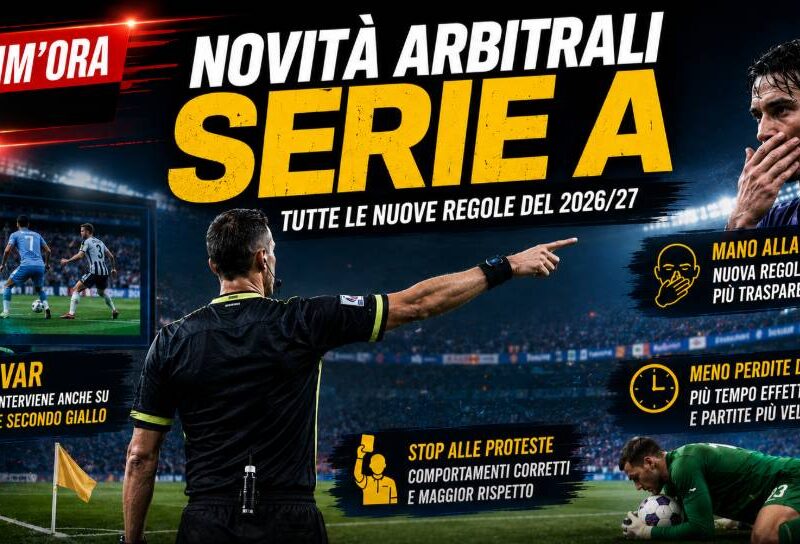 Novità arbitrali Serie A 2026/27: grafica editoriale con arbitro di spalle che indica il campo, monitor VAR e riferimenti alle nuove regole introdotte per il campionato.