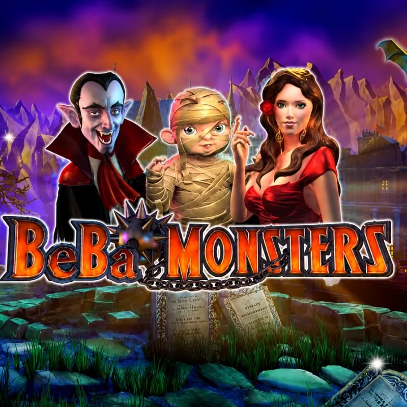 Slot Beba Monster di SevenABC con Dracula, una mummia e una vampira davanti a un castello infestato, ambientazione horror in stile cartoon e grafica ricca di dettagli.