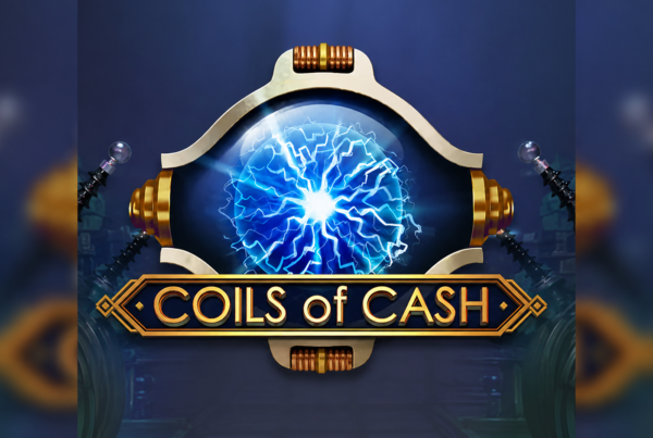 Slot Coils Of Cash di Play'n GO con bobina elettrica al centro, scariche di energia, ambientazione steampunk e laboratorio futuristico dedicato ai moltiplicatori progressivi.