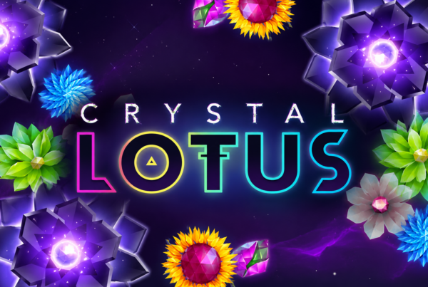Slot Crystal Lotuses di Eyecon con griglia 5x5, fiori di loto cristallini, simboli luminosi e ambientazione cosmica caratterizzata da Cluster Pays, Cascade e Pot Prize.