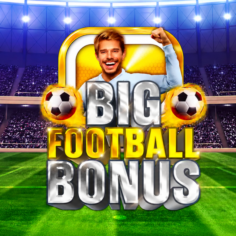 Slot Big Football Bonus di Inspired con calciatore esultante, palloni da calcio, stadio illuminato e logo della slot dedicata al mondo del calcio con Big Bonus™ e Free Spins.
