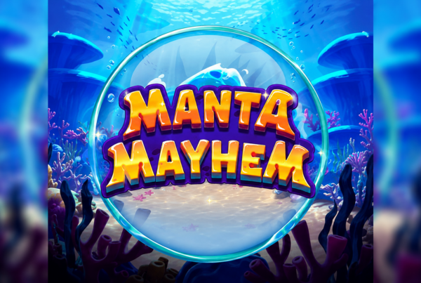 Slot Manta Mayhem di Play'n GO con logo della slot, manta gigante, fondale oceanico e ambientazione subacquea dedicata a perle magiche, Free Spins e tesori sommersi.