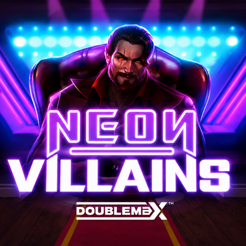 Slot Neon Villains DoubleMax di Yggdrasil con ambientazione cyberpunk, protagonista su trono illuminato da luci al neon e stile futuristico caratterizzato dalla meccanica DoubleMax.