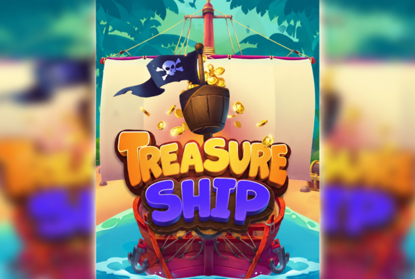 Slot Treasure Ship di R. Franco con nave pirata, vela con bandiera del teschio, monete d'oro e ambientazione tropicale dedicata alla ricerca del tesoro.