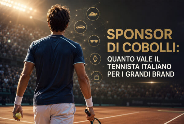 Tennista di spalle su un campo illuminato con elementi grafici che rappresentano gli sponsor di Cobolli e il crescente valore commerciale del campione italiano.