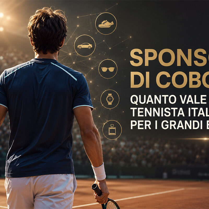 Tennista di spalle su un campo illuminato con elementi grafici che rappresentano gli sponsor di Cobolli e il crescente valore commerciale del campione italiano.