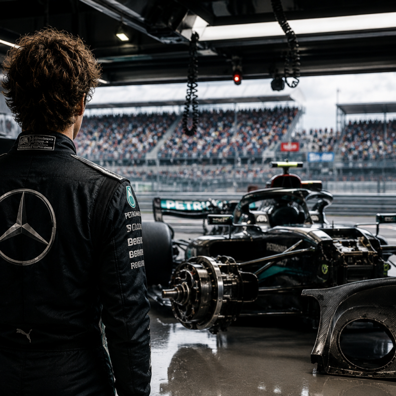 Wheel Shield Formula 1: pilota di spalle osserva una monoposto nel box durante il GP di Silverstone