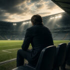 Antonio Conte senza panchina rappresentato di spalle mentre osserva un campo di calcio vuoto dalla panchina di uno stadio, in un'illustrazione sportiva iperrealistica che richiama il tema dell'attesa e del futuro del tecnico italiano.