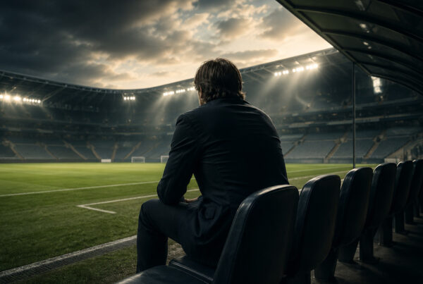 Antonio Conte senza panchina rappresentato di spalle mentre osserva un campo di calcio vuoto dalla panchina di uno stadio, in un'illustrazione sportiva iperrealistica che richiama il tema dell'attesa e del futuro del tecnico italiano.