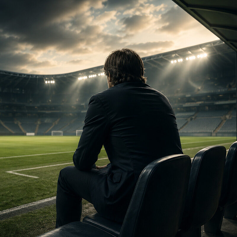 Antonio Conte senza panchina rappresentato di spalle mentre osserva un campo di calcio vuoto dalla panchina di uno stadio, in un'illustrazione sportiva iperrealistica che richiama il tema dell'attesa e del futuro del tecnico italiano.