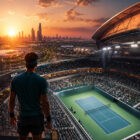 Arabia Saudita tennis: tennista di spalle osserva il moderno National Tennis Centre di Qiddiya, con grande stadio illuminato e skyline futuristico sullo sfondo