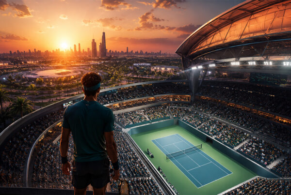 Arabia Saudita tennis: tennista di spalle osserva il moderno National Tennis Centre di Qiddiya, con grande stadio illuminato e skyline futuristico sullo sfondo