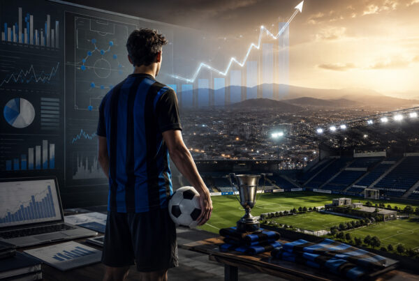 Plusvalenze Atalanta: calciatore di spalle osserva uno stadio moderno con grafici finanziari e simboli della crescita economica del club, rappresentazione del modello di player trading e della valorizzazione del vivaio.