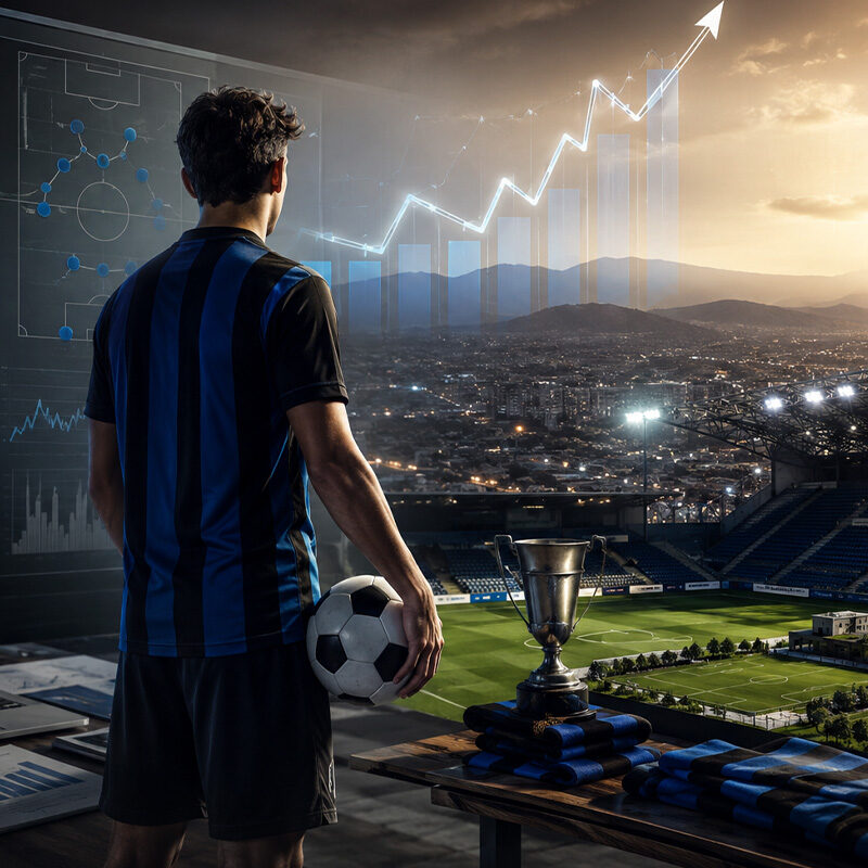 Plusvalenze Atalanta: calciatore di spalle osserva uno stadio moderno con grafici finanziari e simboli della crescita economica del club, rappresentazione del modello di player trading e della valorizzazione del vivaio.
