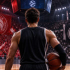 Mercato Basket Serie A: giocatore di basket ripreso di spalle al centro del parquet in un'arena gremita, con tifosi e atmosfera da grande sfida tra Olimpia Milano e Virtus Bologna.