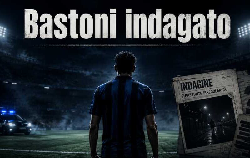 Calciatore di spalle in un campo da calcio notturno, avvolto da atmosfera crime, con titolo Bastoni indagato in alto.