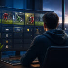 Bet Builder su monitor con partita di calcio e mercati di scommessa personalizzati, osservati da uno scommettitore di spalle in un ambiente moderno con stadio illuminato sullo sfondo.