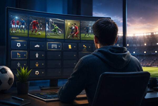 Bet Builder su monitor con partita di calcio e mercati di scommessa personalizzati, osservati da uno scommettitore di spalle in un ambiente moderno con stadio illuminato sullo sfondo.