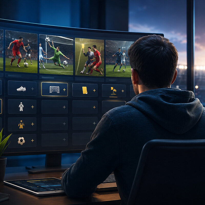 Bet Builder su monitor con partita di calcio e mercati di scommessa personalizzati, osservati da uno scommettitore di spalle in un ambiente moderno con stadio illuminato sullo sfondo.