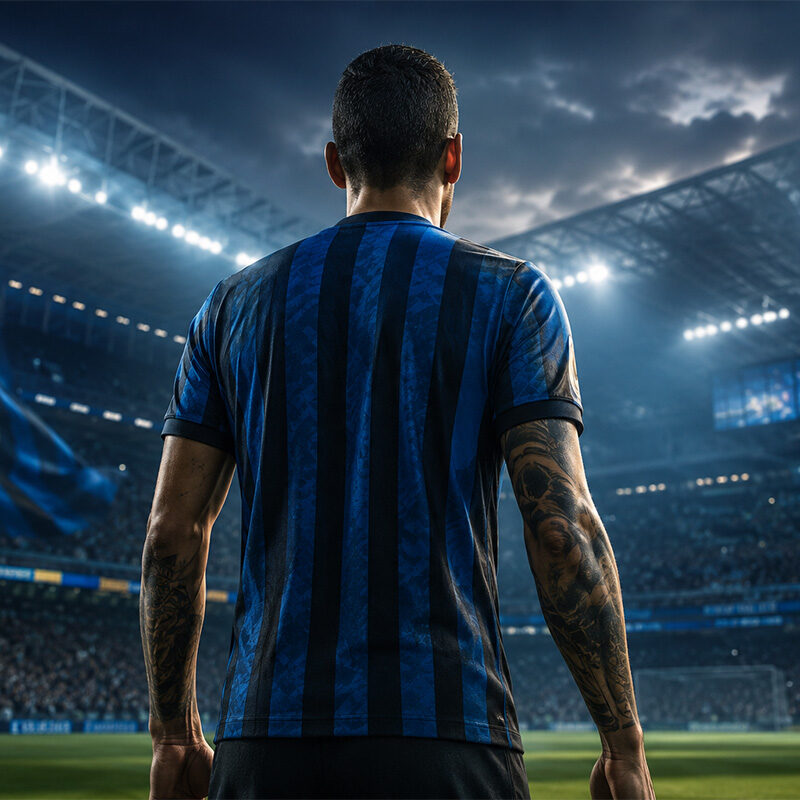 Inter Cristian Romero: difensore di spalle osserva il campo di San Siro illuminato, immagine che rappresenta il possibile trasferimento del centrale argentino nel mercato nerazzurro.