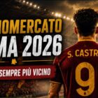 Calciomercato Roma 2026: immagine editoriale con un calciatore di spalle in maglia giallorossa ispirata alla Roma, all'interno di uno stadio illuminato, con il titolo dedicato all'arrivo di Santiago Castro e ai movimenti di mercato della stagione 2026 2027.