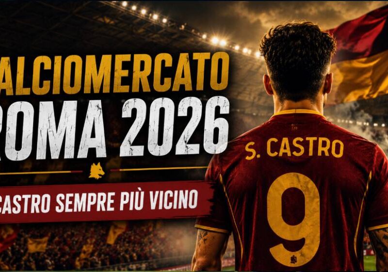 Calciomercato Roma 2026: immagine editoriale con un calciatore di spalle in maglia giallorossa ispirata alla Roma, all'interno di uno stadio illuminato, con il titolo dedicato all'arrivo di Santiago Castro e ai movimenti di mercato della stagione 2026 2027.
