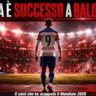Immagine editoriale sportiva su Balogun visto di spalle all’ingresso dello stadio, con luci rosse, atmosfera da Mondiale 2026 e titolo: Cosa è successo a Balogun?