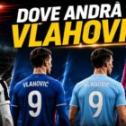 Dove andrà Vlahovic? Grafica di calciomercato con l’attaccante di spalle in quattro versioni, con maglie bianconera, blu, celeste e blaugrana, numero 9 e titolo in evidenza senza loghi ufficiali.