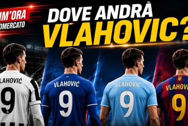 Dove andrà Vlahovic? Grafica di calciomercato con l’attaccante di spalle in quattro versioni, con maglie bianconera, blu, celeste e blaugrana, numero 9 e titolo in evidenza senza loghi ufficiali.