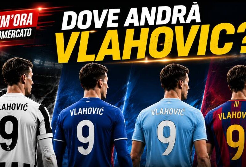 Dove andrà Vlahovic? Grafica di calciomercato con l’attaccante di spalle in quattro versioni, con maglie bianconera, blu, celeste e blaugrana, numero 9 e titolo in evidenza senza loghi ufficiali.