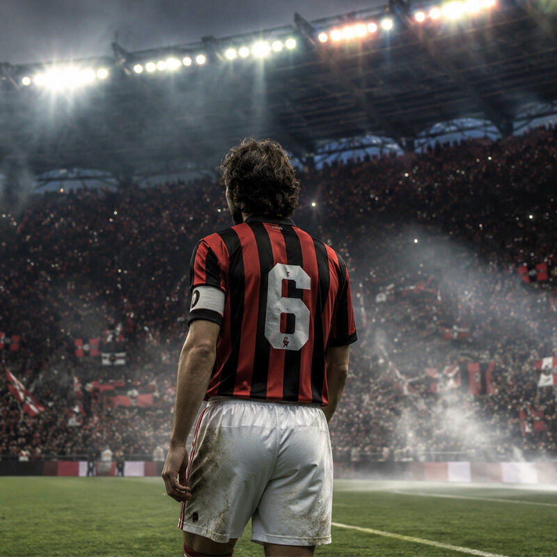 Franco Baresi di spalle con la storica maglia numero 6 del Milan osserva lo stadio illuminato, in un'illustrazione iperrealistica che rende omaggio alla leggenda del calcio italiano.