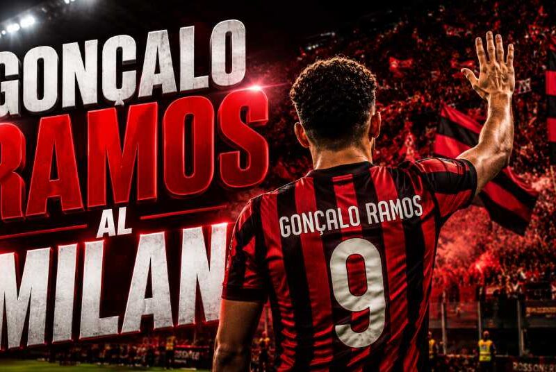 Gonçalo Ramos al Milan rappresentato in una grafica editoriale con un calciatore di spalle che saluta i tifosi rossoneri sugli spalti, bandiere rosse e nere e il titolo "Gonçalo Ramos al Milan" in evidenza.